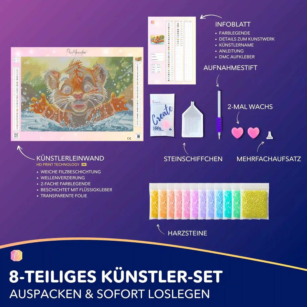 Diamond Painting Set mit Zubehör: Leinwand mit niedlichem Tiger-Motiv, Harzsteinen, Stift und Infoblatt.