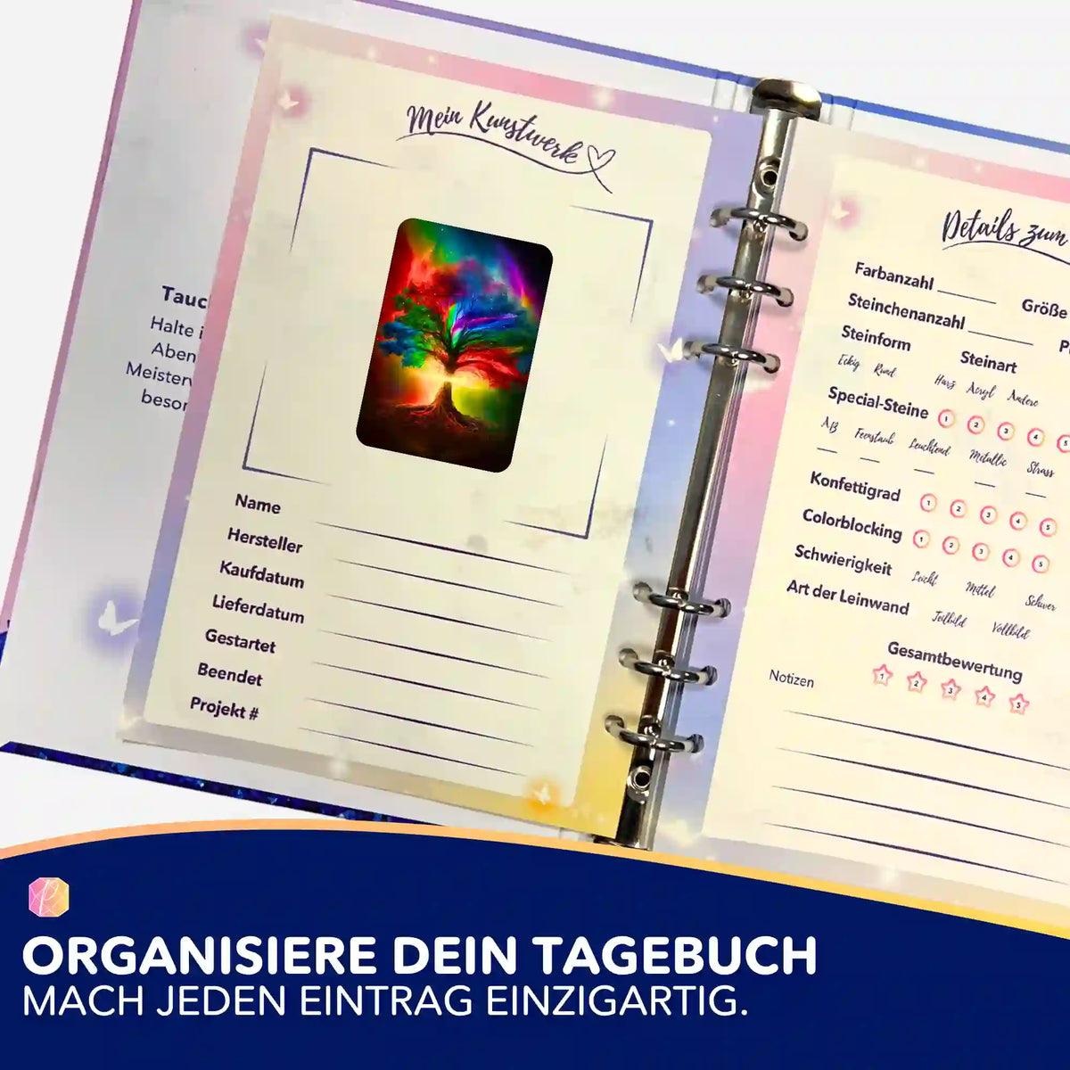 Buntes Lebensbaum-Motiv als Aufkleber für Diamond Painting Tagebuch und Projekt-Organisation