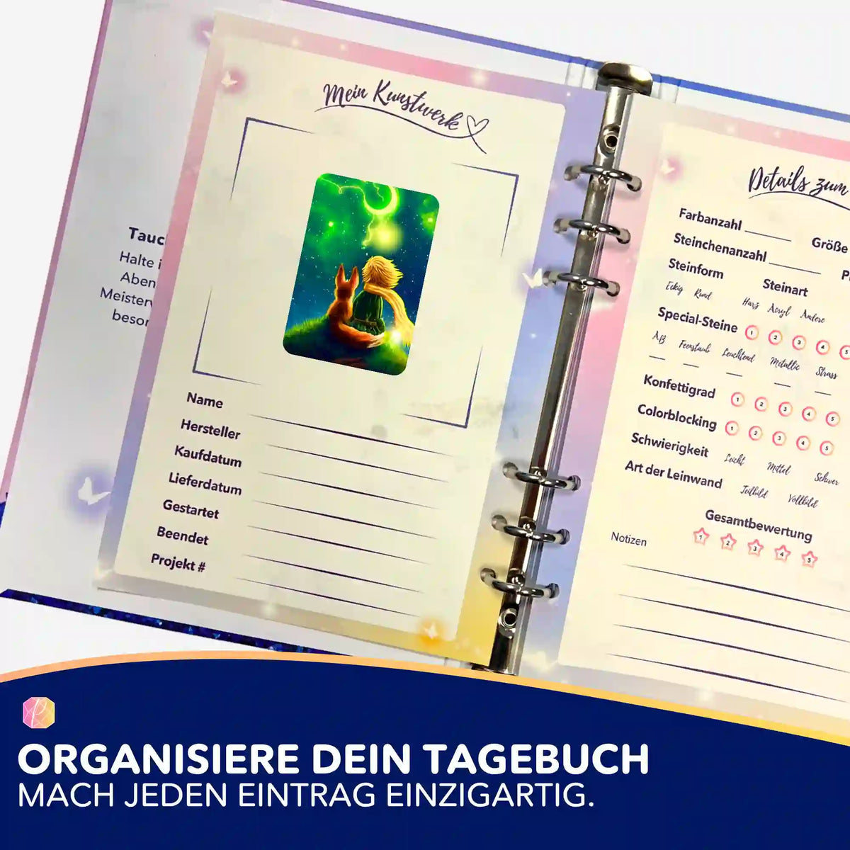 Picmondoo Diamond Painting Tagebuch mit eingeklebtem Motiv-Aufkleber zur Organisation deiner Bastel-Projekte