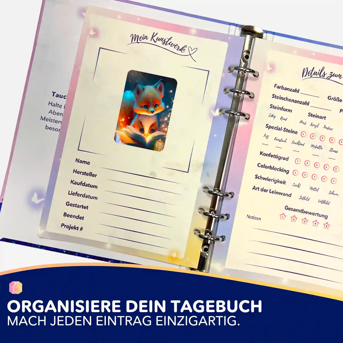 Fuchs-Aufkleber für dein Diamond Painting Zubehör im kreativen Tagebuch zur Organisation deiner Kunstwerke.