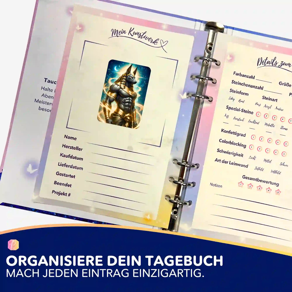 Anubis Sticker in einem Diamond Painting Tagebuch zur Organisation von DIY-Kunstwerken und Malen nach Zahlen Projekten