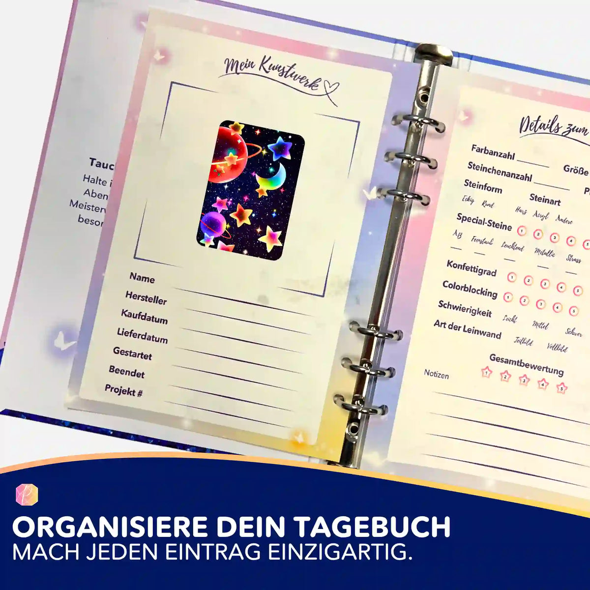 Buntes Universum Sticker für Diamond Painting Tagebuch zur Organisation von DIY-Kunstwerken und Projekt-Details.