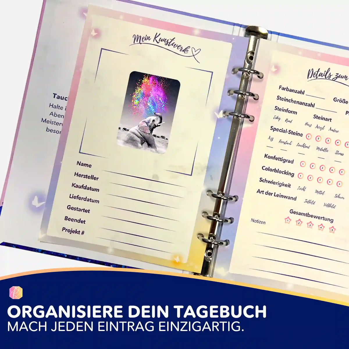Elefant Farbenspiel Sticker im Diamond Painting Tagebuch zur Organisation von DIY-Projekten und Diamanten Painting Sets