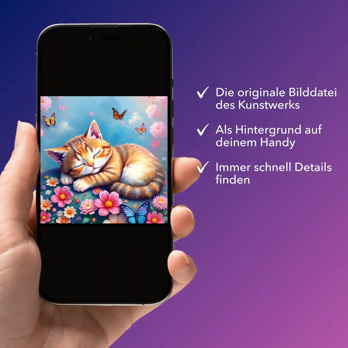 Digitale Bildmappe für Diamond Painting oder Malen nach Zahlen mit schlafendem Kätzchen, Blumen und Schmetterlingen.