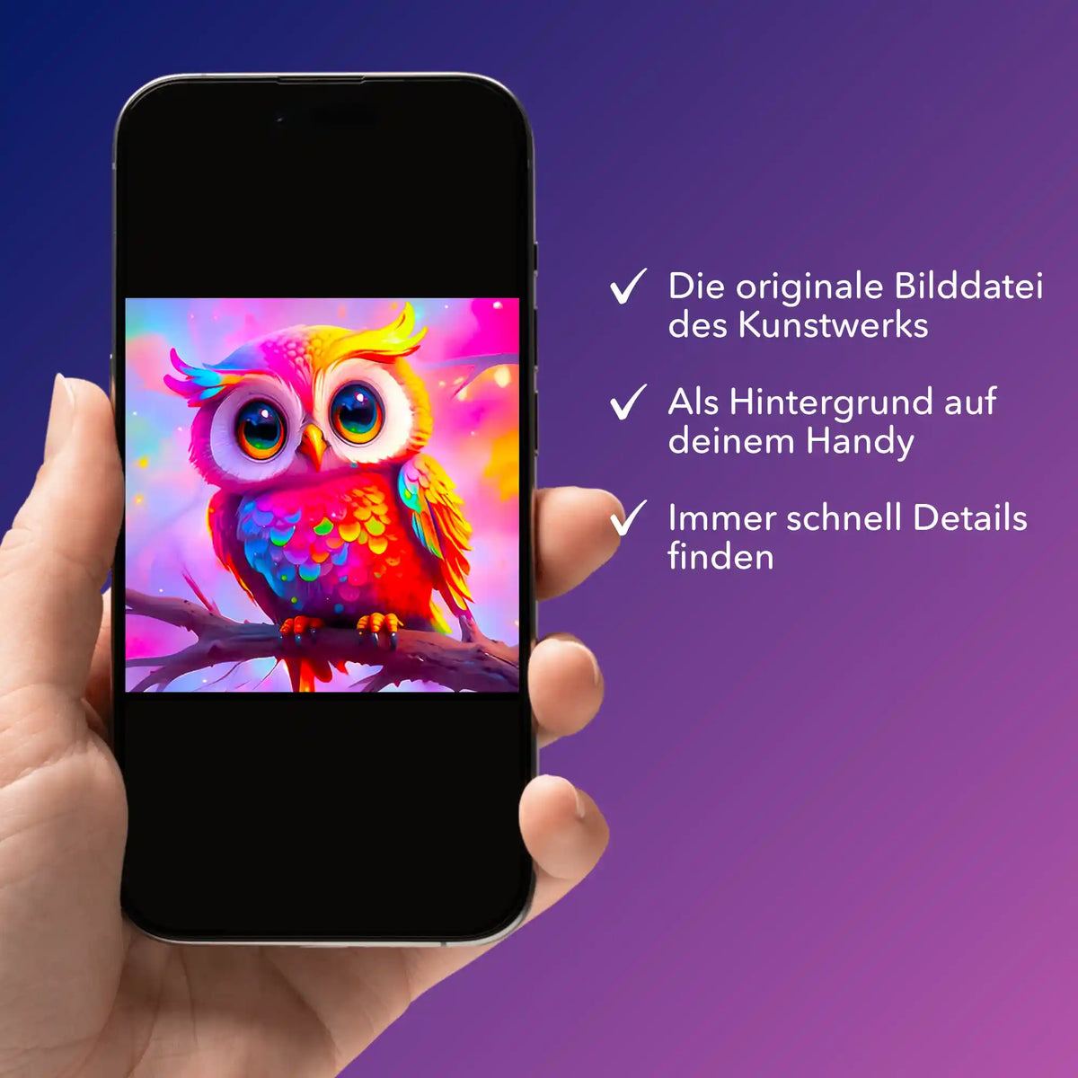 Smartphone mit digitaler Bildmappe vom bunten Eulen-Motiv zum Diamond Painting und Malen nach Zahlen