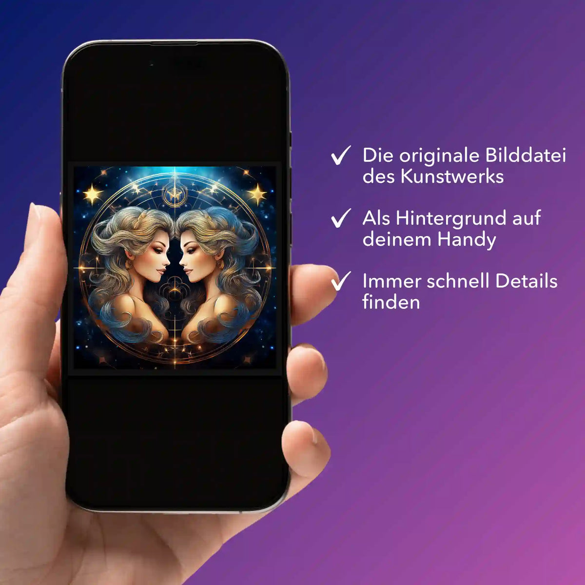 Digitale Bildmappe Sternzeichen Zwilling als Handy-Hintergrund für dein Diamond Painting oder Malen nach Zahlen Projekt.