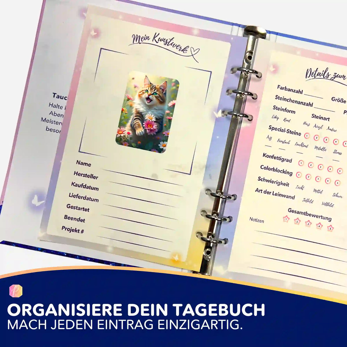 Picmondoo Sticker-Set zur Organisation von Diamond Painting Projekten im Tagebuch mit Katzen-Motiv Aufkleber