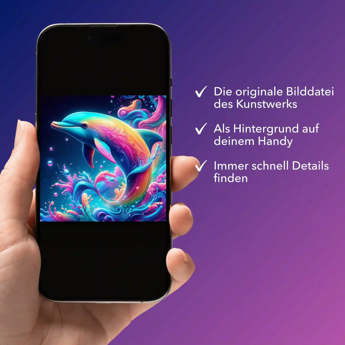 Digitale Bildmappe für Diamond Painting: Delfin-Motiv im bunten Farbenmeer als Hintergrund auf einem Smartphone