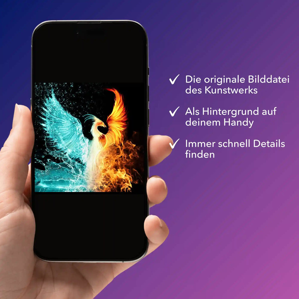 Smartphone mit digitaler Bildmappe vom Phönix Motiv für Diamond Painting oder Malen nach Zahlen Kunstwerke von Picmondoo.