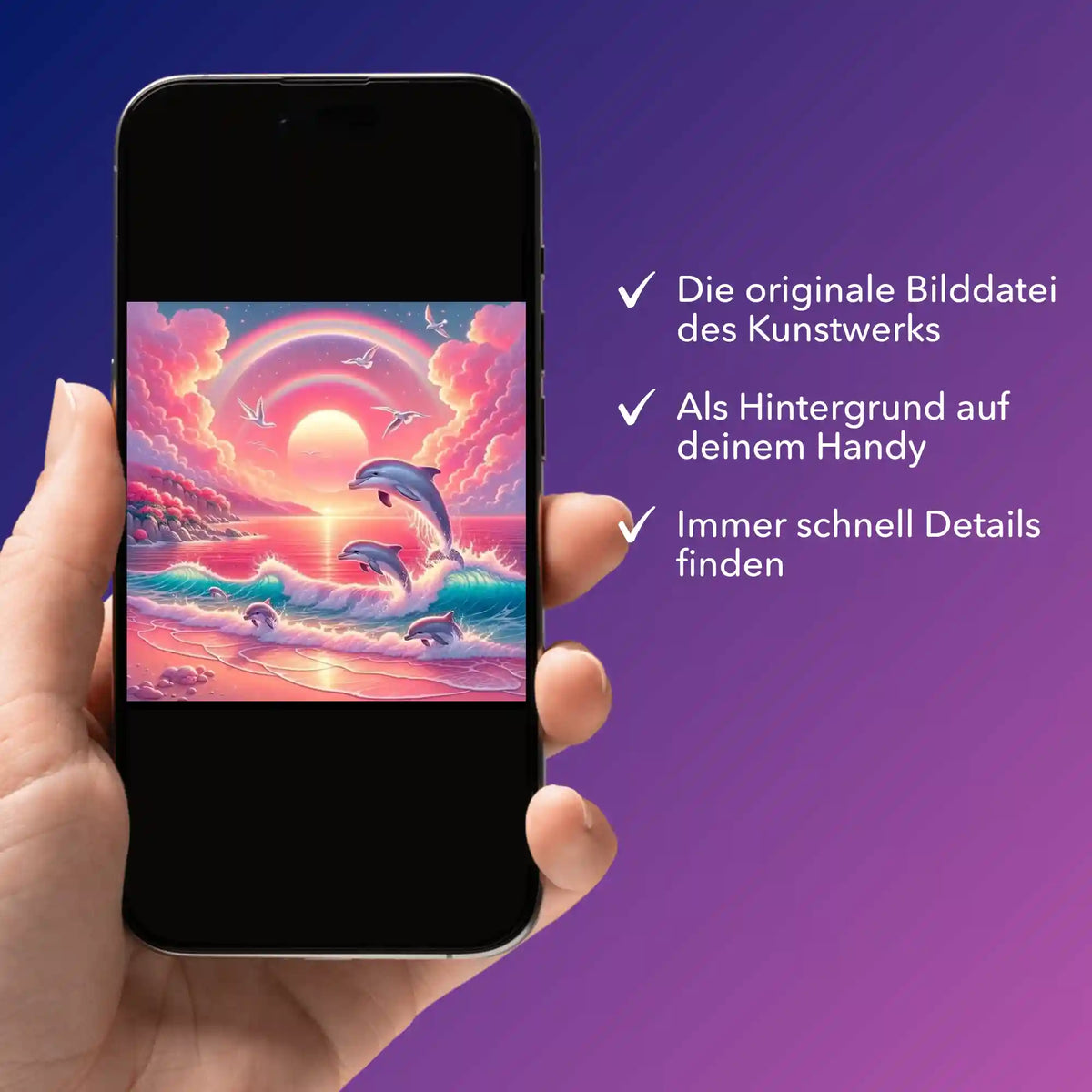 Digitale Bildmappe für Diamond Painting Design Pinkes Meeresrauschen mit Delfinen auf Smartphone-Display
