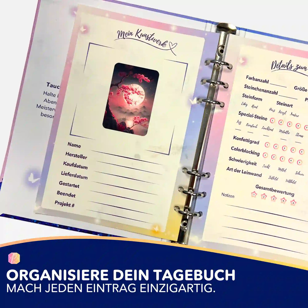 Diamond Painting Tagebuch Blatt mit Kirschblüten im Mondschein Sticker zur Organisation von DIY Projektdetails