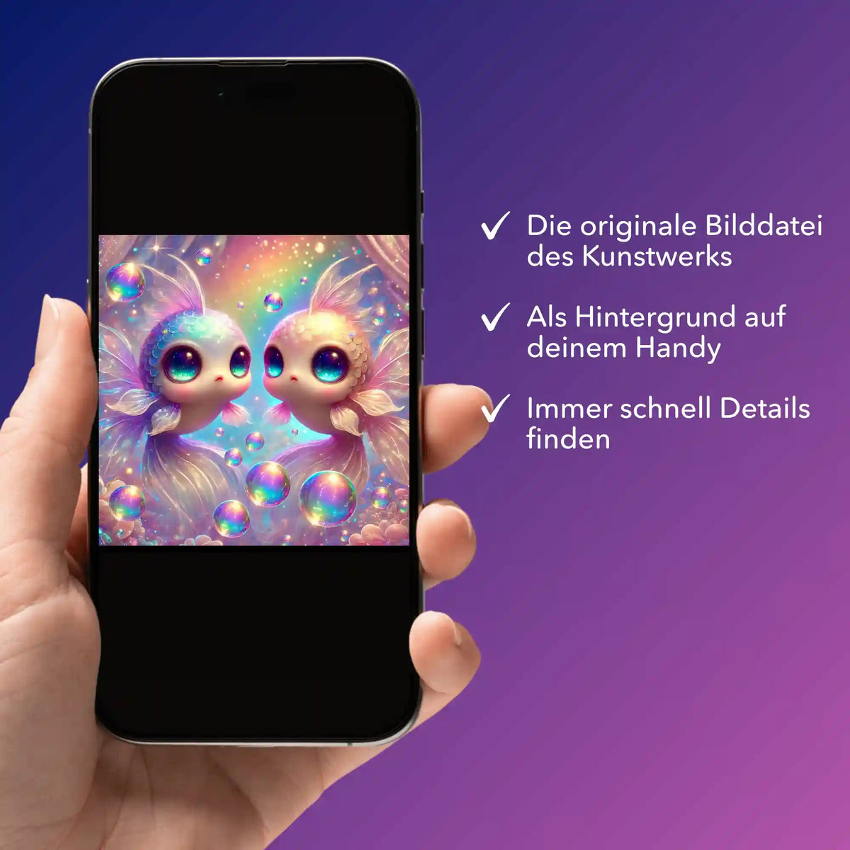 Smartphone mit digitaler Bildmappe für Diamond Painting, zeigt magische Fische mit Glitzer-Effekt als Hintergrundbild.