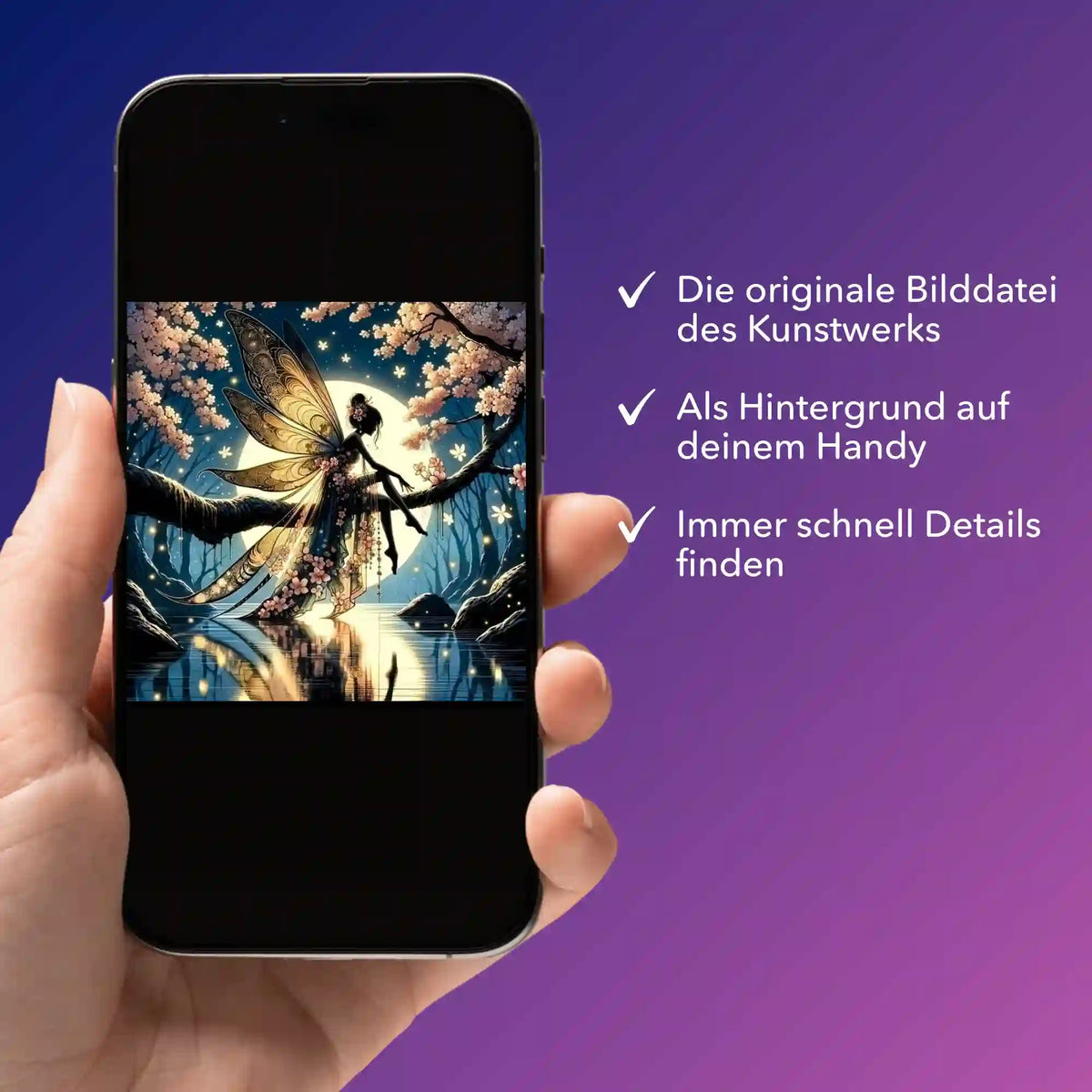 Smartphone mit digitaler Bildmappe der Mondscheinfee für Diamond Painting als Vorlage oder Handy-Hintergrund