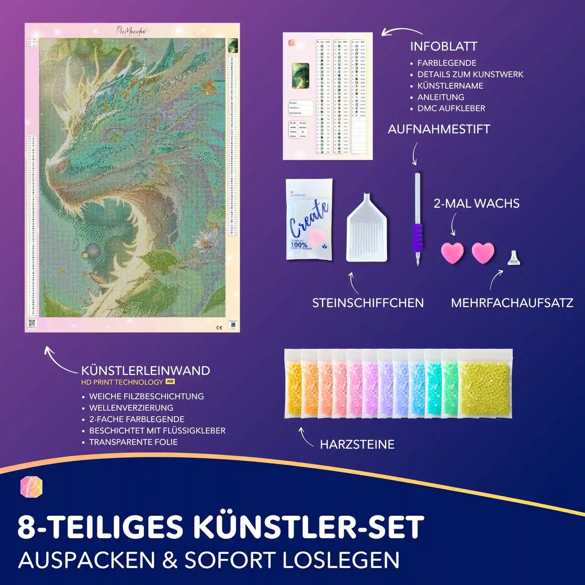 Diamond Painting Set mit smaragdgrünem Drachen Motiv, Leinwand, bunten Harzsteinen und Zubehör für DIY Kunstwerke.