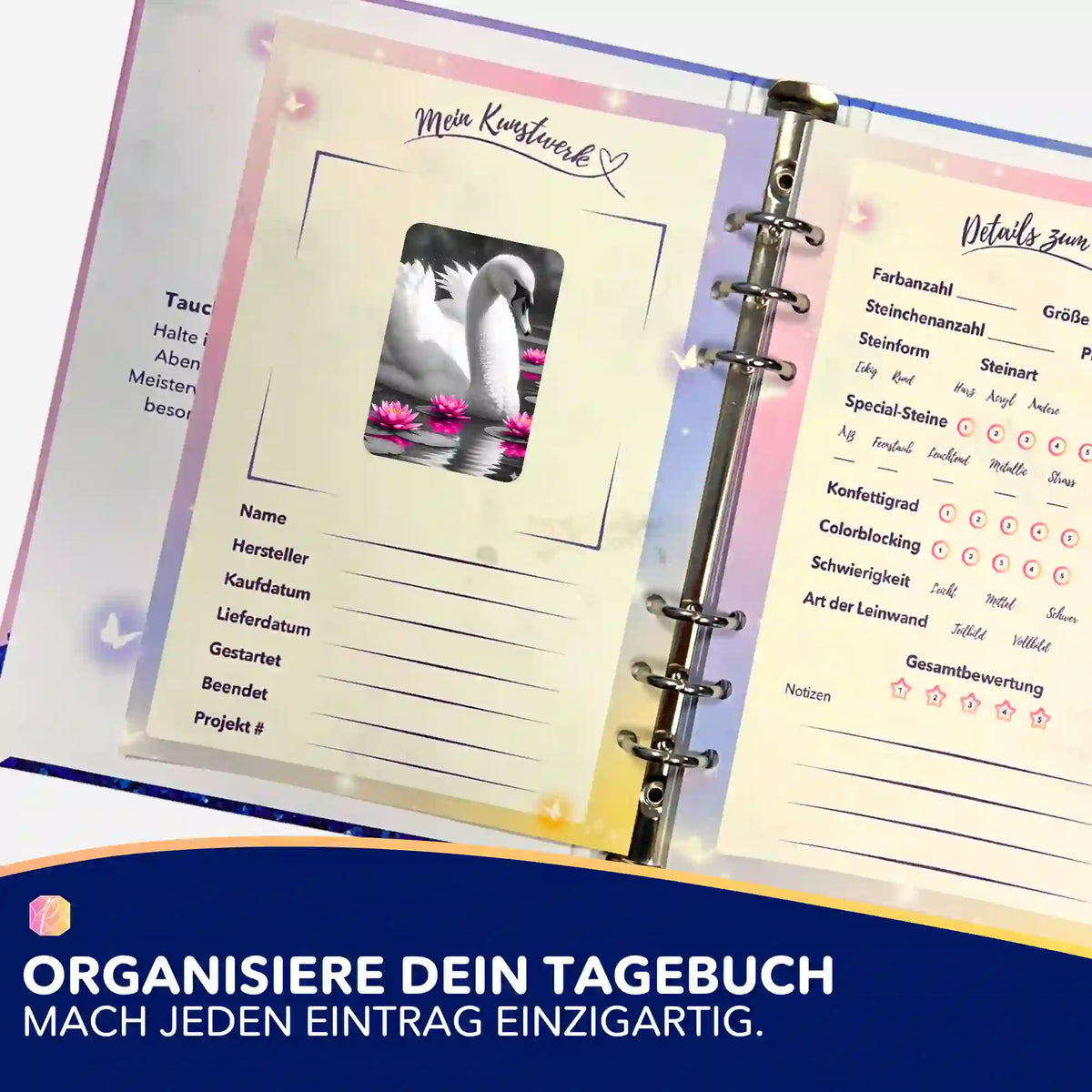 Diamond Painting Tagebuch-Aufkleber mit Schwan-Motiv zur Organisation deiner Kunstwerke und Projektdetails.