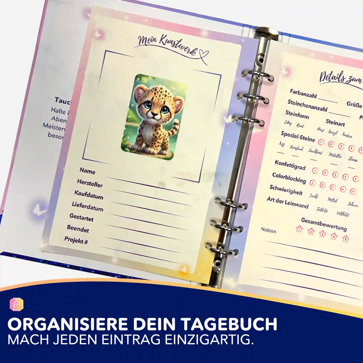 Kibo Leopard Aufkleber in einem Diamond Painting Tagebuch zur Organisation von DIY-Projekten