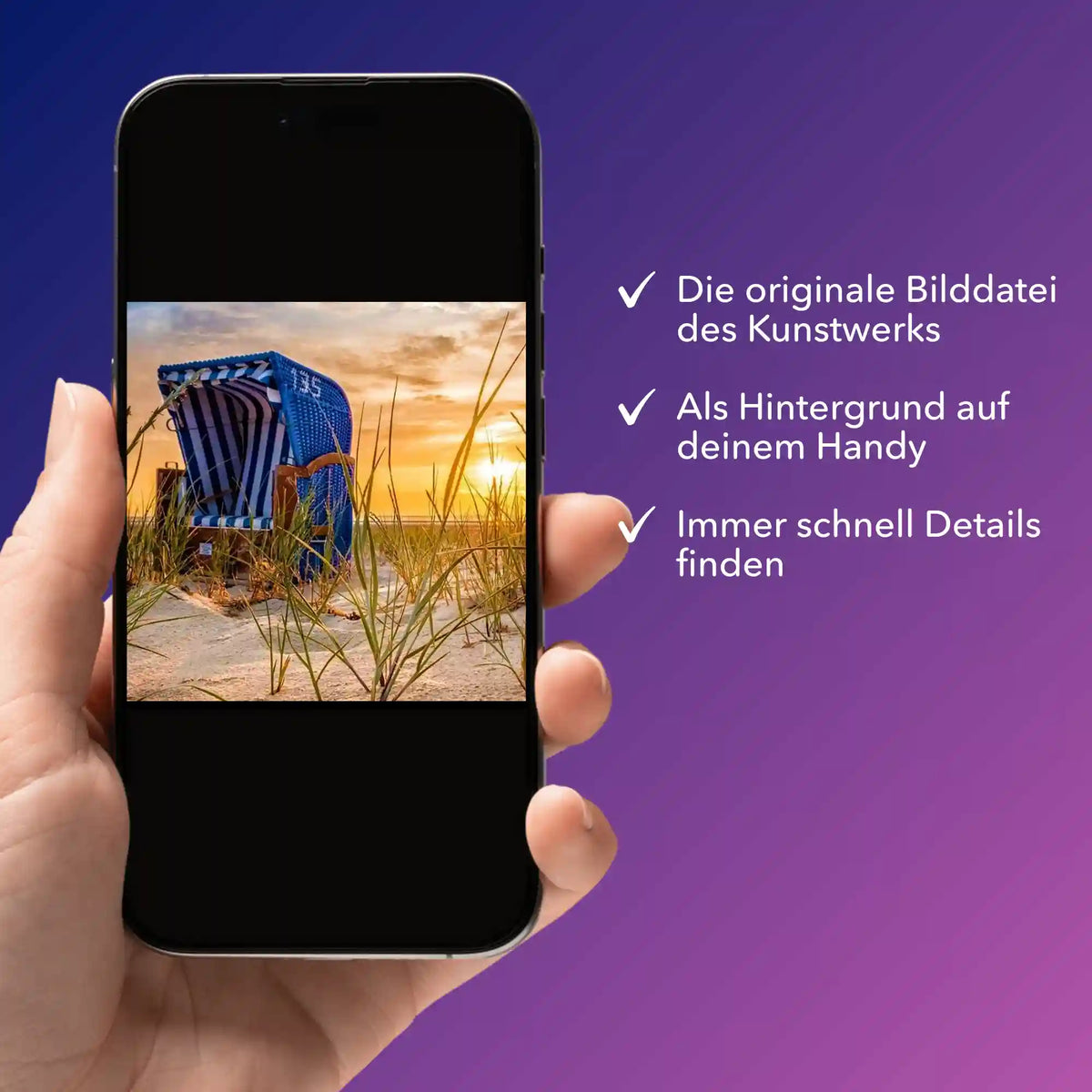 Digitale Bildmappe für Diamond Painting Strandmotiv Relaxtime am Strand auf Smartphone angezeigt