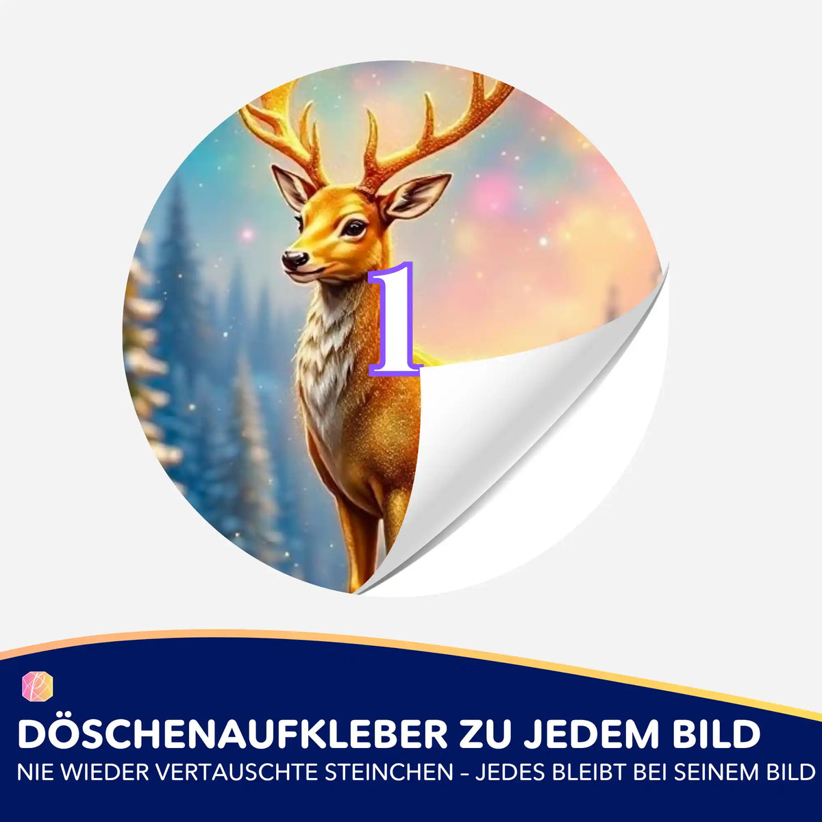 Runder Döschenaufkleber mit goldenem Hirschmotiv zur Organisation von Diamond Painting Steinchen