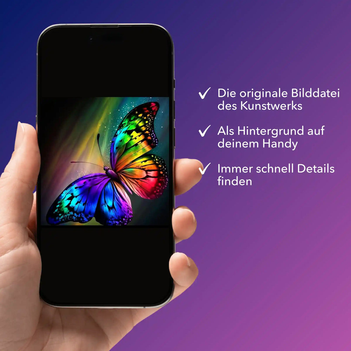 Smartphone mit digitaler Bildmappe für Diamond Painting: Bunter Schmetterling als Vorlage für kreative DIY-Projekte.