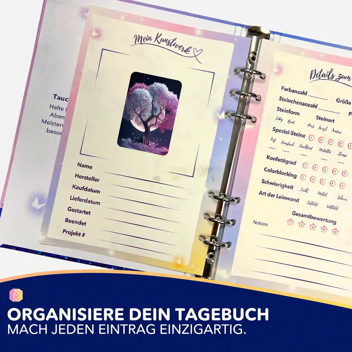 Pink Tree at Night Aufkleber in einem Diamond Painting Tagebuch zur Organisation von DIY Projekten