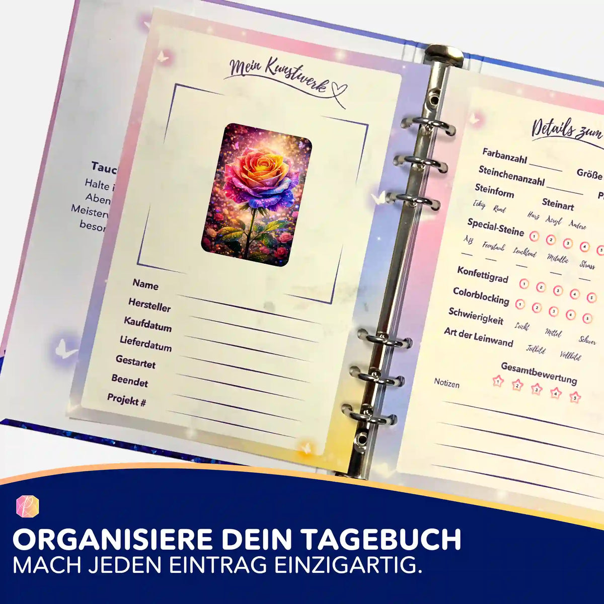 Organisations-Aufkleber für dein Diamond Painting Tagebuch mit Blumenmotiv zum Eintragen von Projektdetails