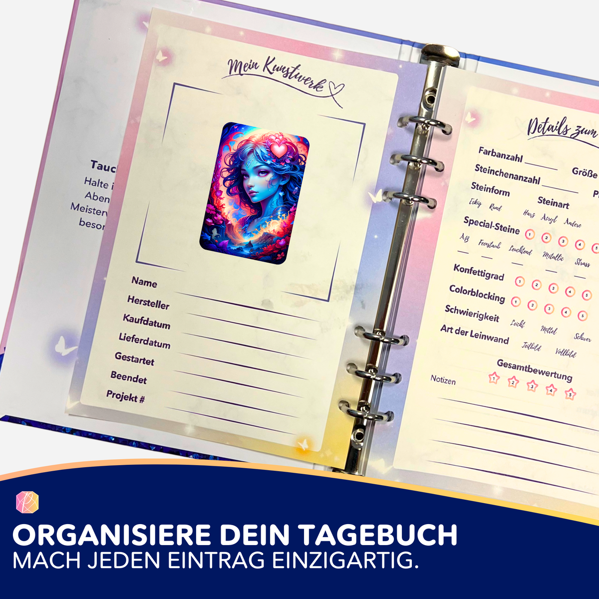 Mystic Girl Aufkleber für Diamond Painting Tagebuch zur Organisation von DIY-Kunstwerken und Projektdetails