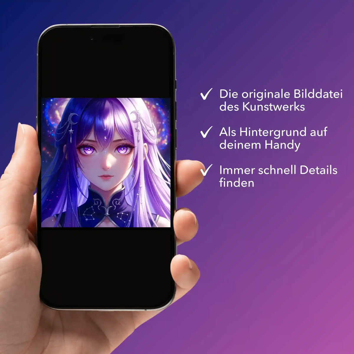 Digitale Bildmappe für Diamond Painting Motiv Purple Moon Star auf einem Smartphone zur Detailansicht