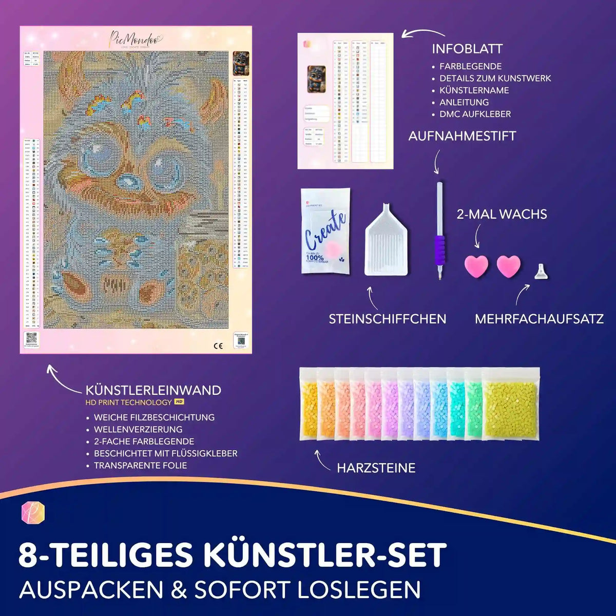 Diamond Painting Set Die Keksfrage mit flauschigem Monster, Leinwand, bunten Diamanten und Zubehör für DIY-Kunstwerke.