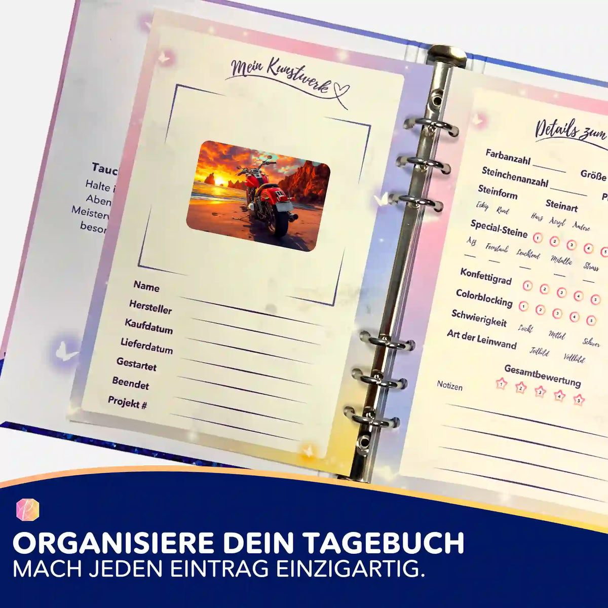 Picmondoo Diamond Painting Aufkleber mit Motorradmotiv zur Organisation im Bastel-Tagebuch