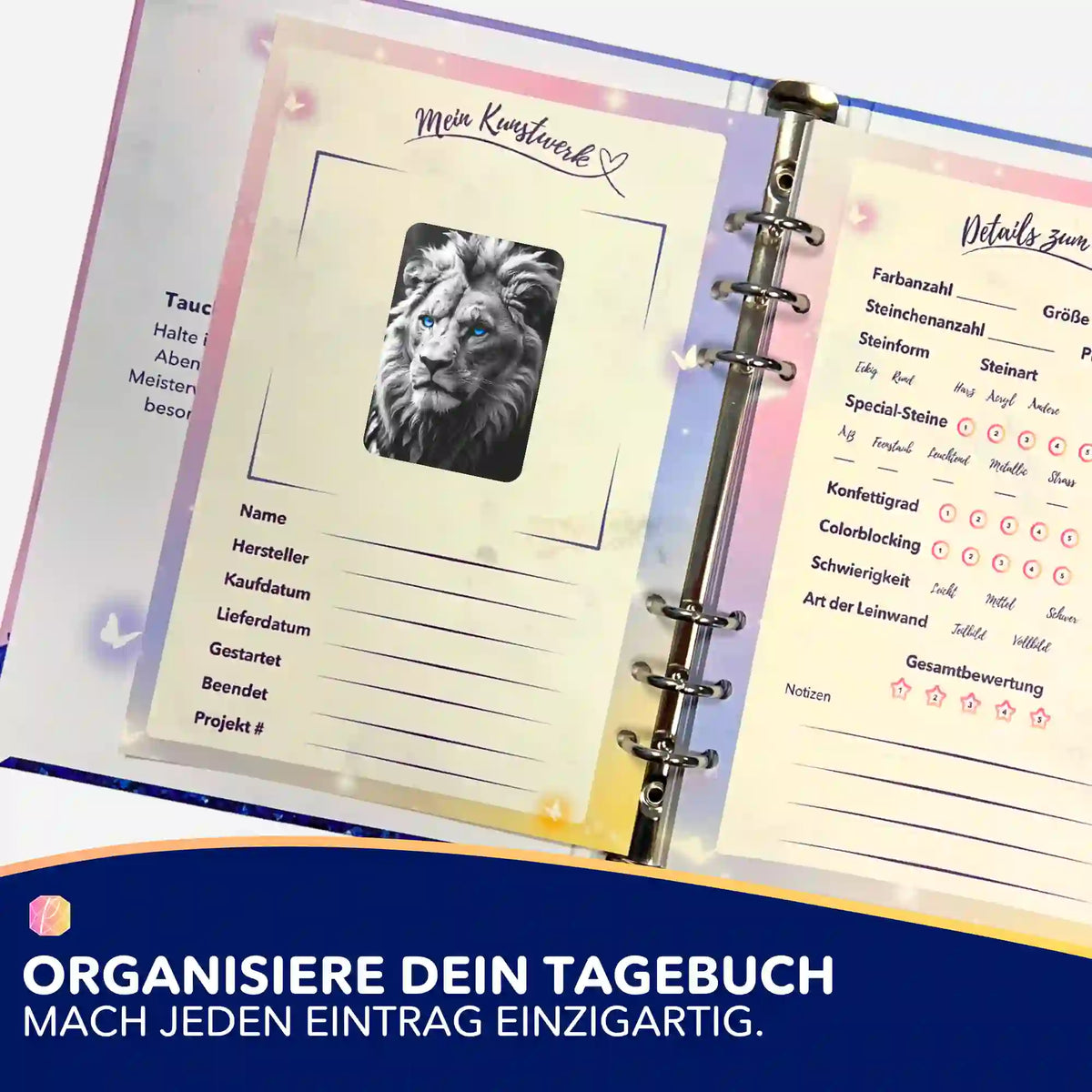 Picmondoo Diamond Painting Tagebuch mit Löwen-Sticker zur Organisation von Malen nach Zahlen und Diamanten Painting Projekten