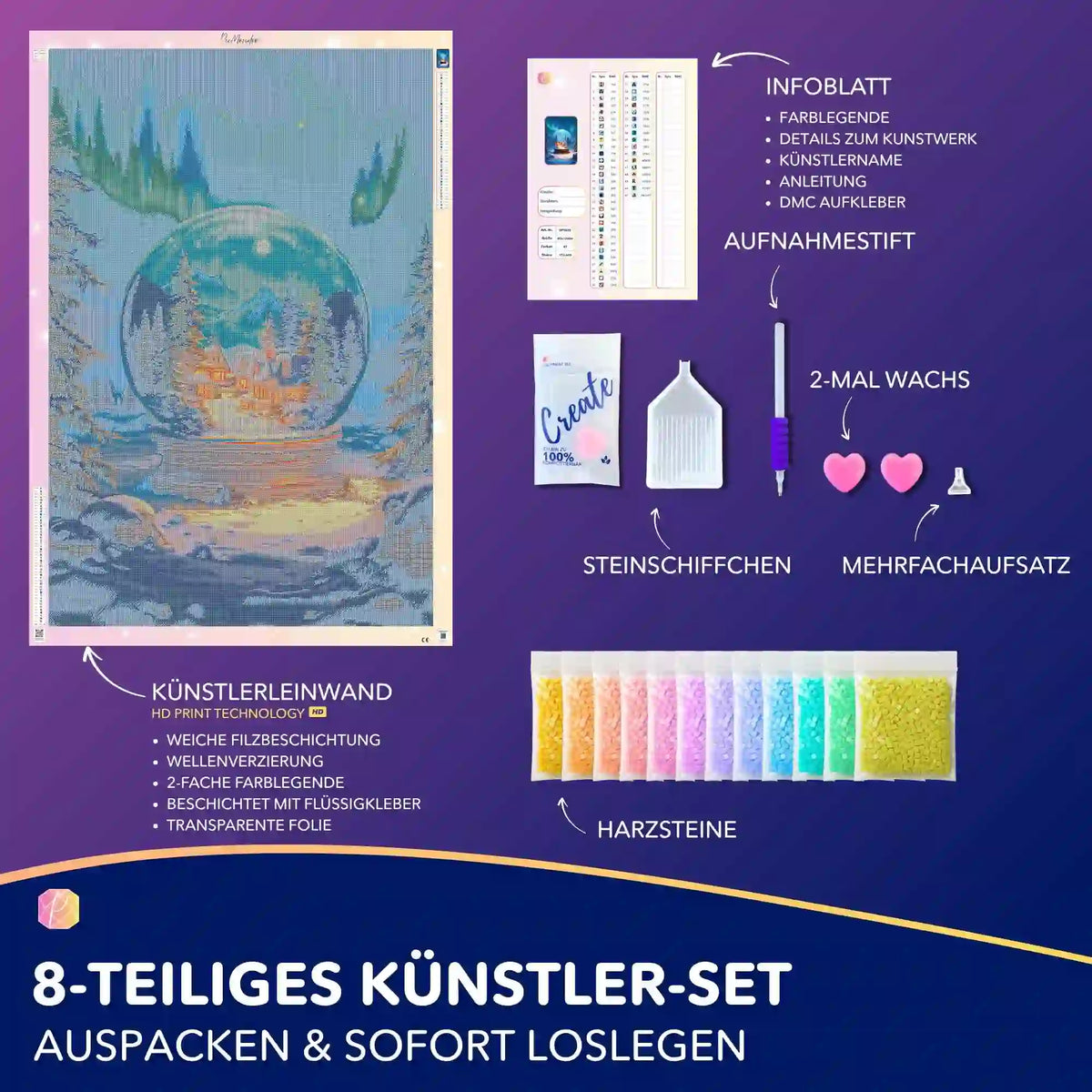 XXL Diamond Painting Set Bewahrtes Licht mit Winterlandschaft, Schneekugel und komplettem Zubehör für DIY Kunstwerke.