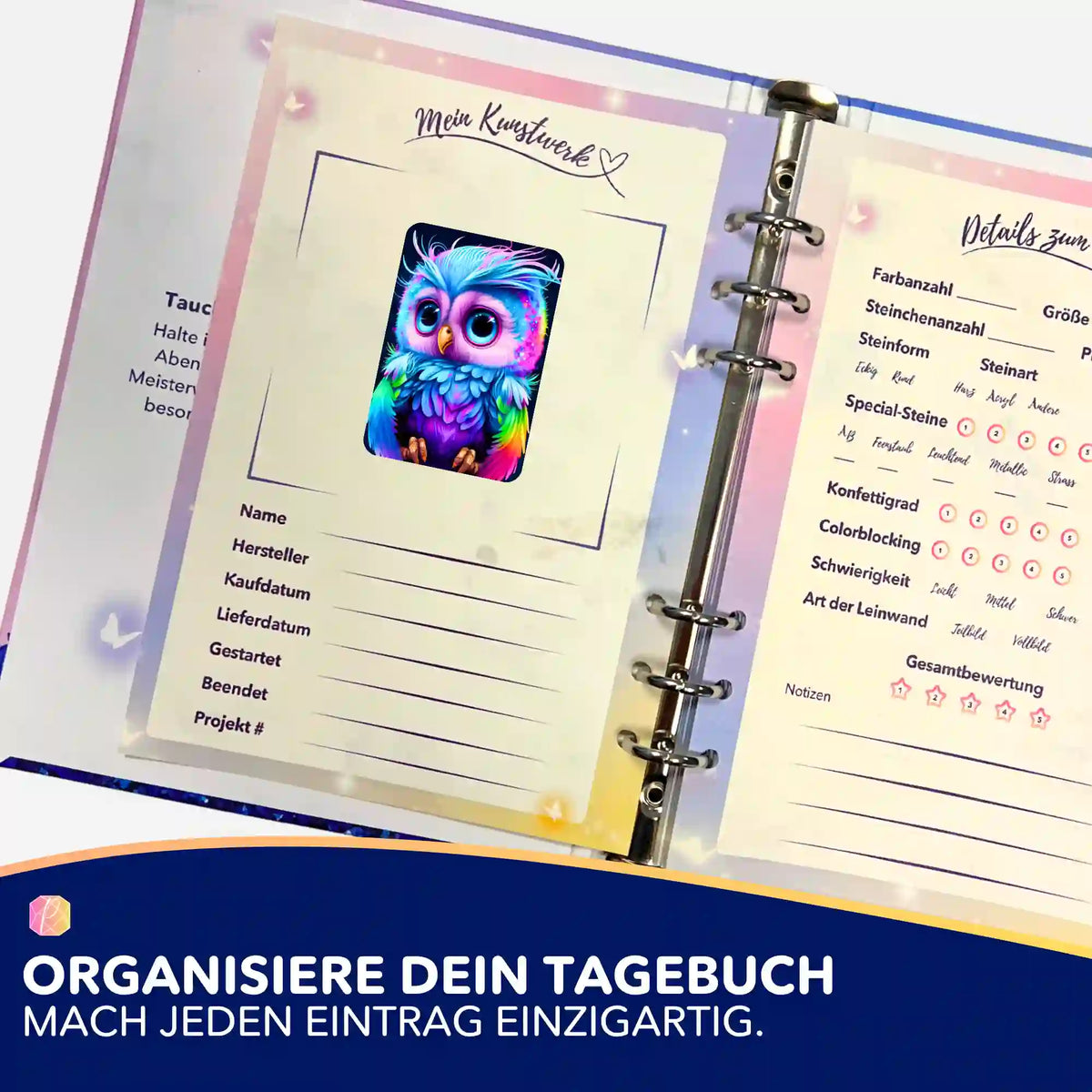 Buntes Eulen-Sticker für das Diamond Painting Tagebuch zur Organisation von DIY-Projekten