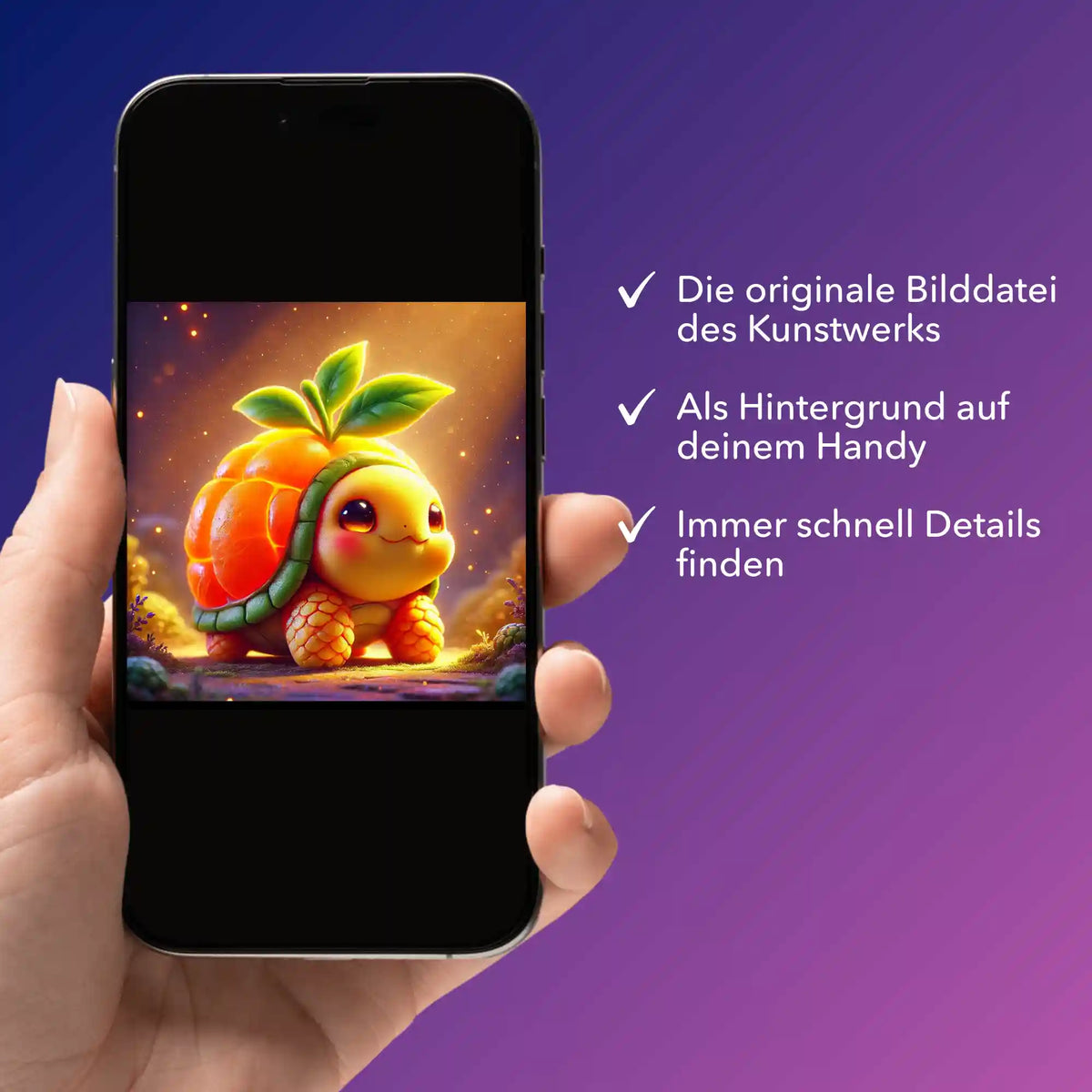 Smartphone zeigt digitale Picmondoo Bildmappe mit niedlichem Frutty-Motiv als Ergänzung zum Diamond Painting