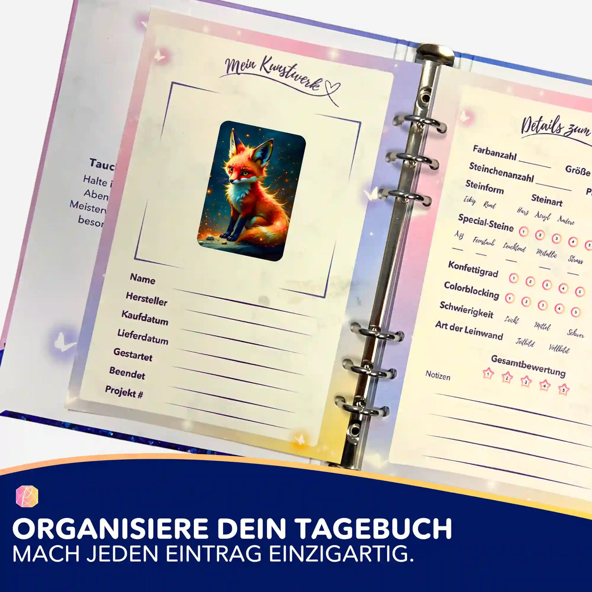 Foxy Aufkleber für Diamond Painting Tagebuch zur Organisation von Projektdetails und Kunstwerken