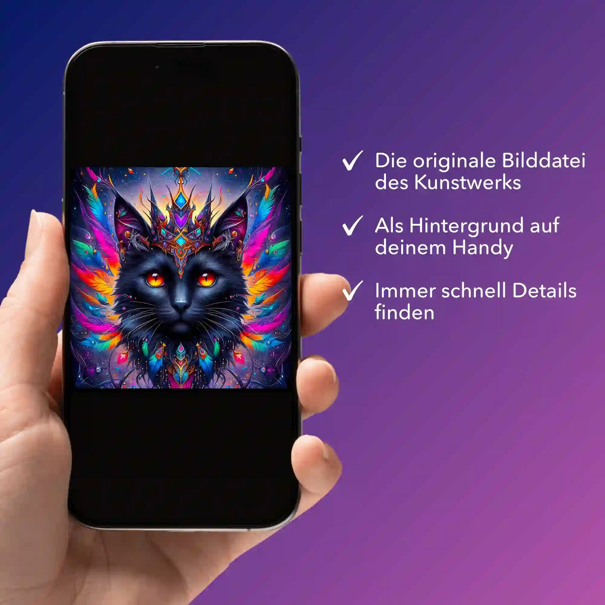 Smartphone zeigt digitale Bildmappe mit Mystic Colorsplash Cat Motiv für Diamond Painting und Malen nach Zahlen Designs.