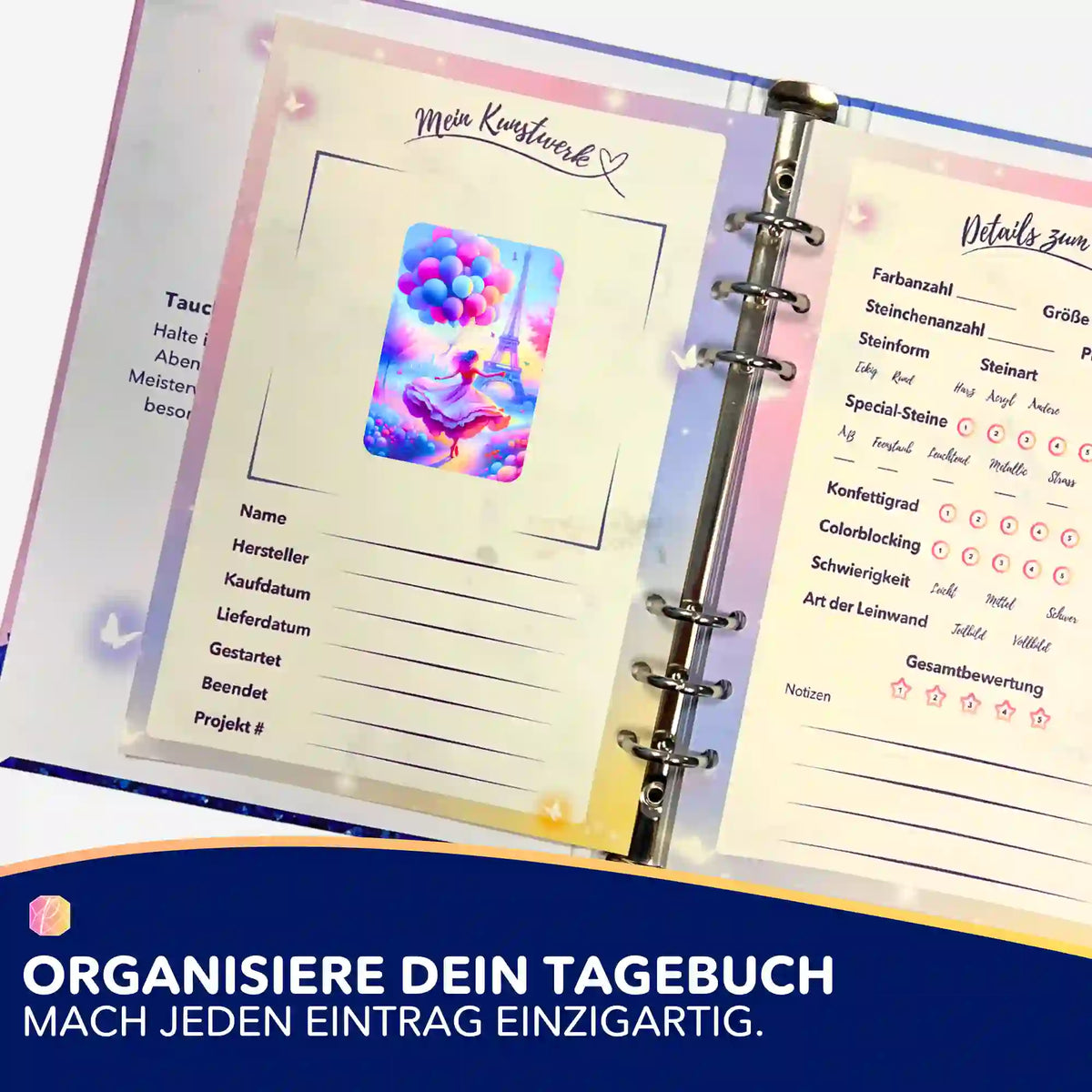 Diamond Painting Tagebuch Sticker Verträumtes Paris zur Organisation von Kunstwerken und Bastelprojekten