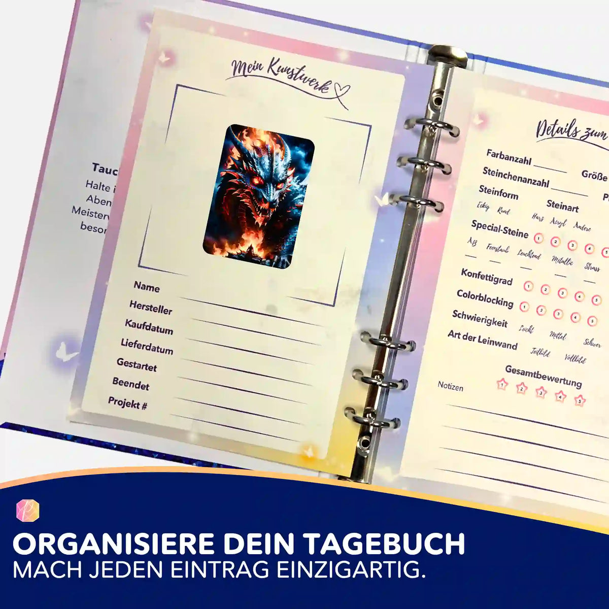Drachen-Aufkleber zur Organisation im Diamond Painting Tagebuch mit Details zu Projekt, Schwierigkeit und Steinchen