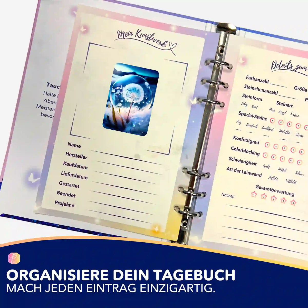 Picmondoo Sticker Pusteblume Eiskristall zur Organisation im Diamond Painting Tagebuch und Planer für kreative Projekte