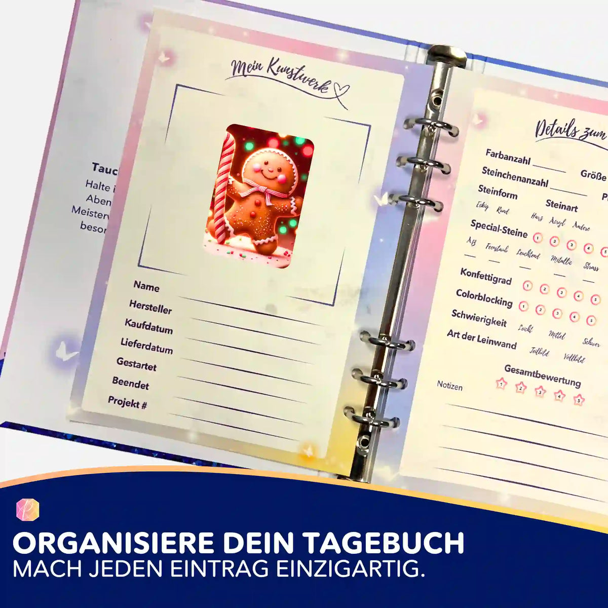 Lebkuchenmännchen-Aufkleber für dein Diamond Painting Logbuch zur Organisation deiner Kunstwerke und Bastelprojekte