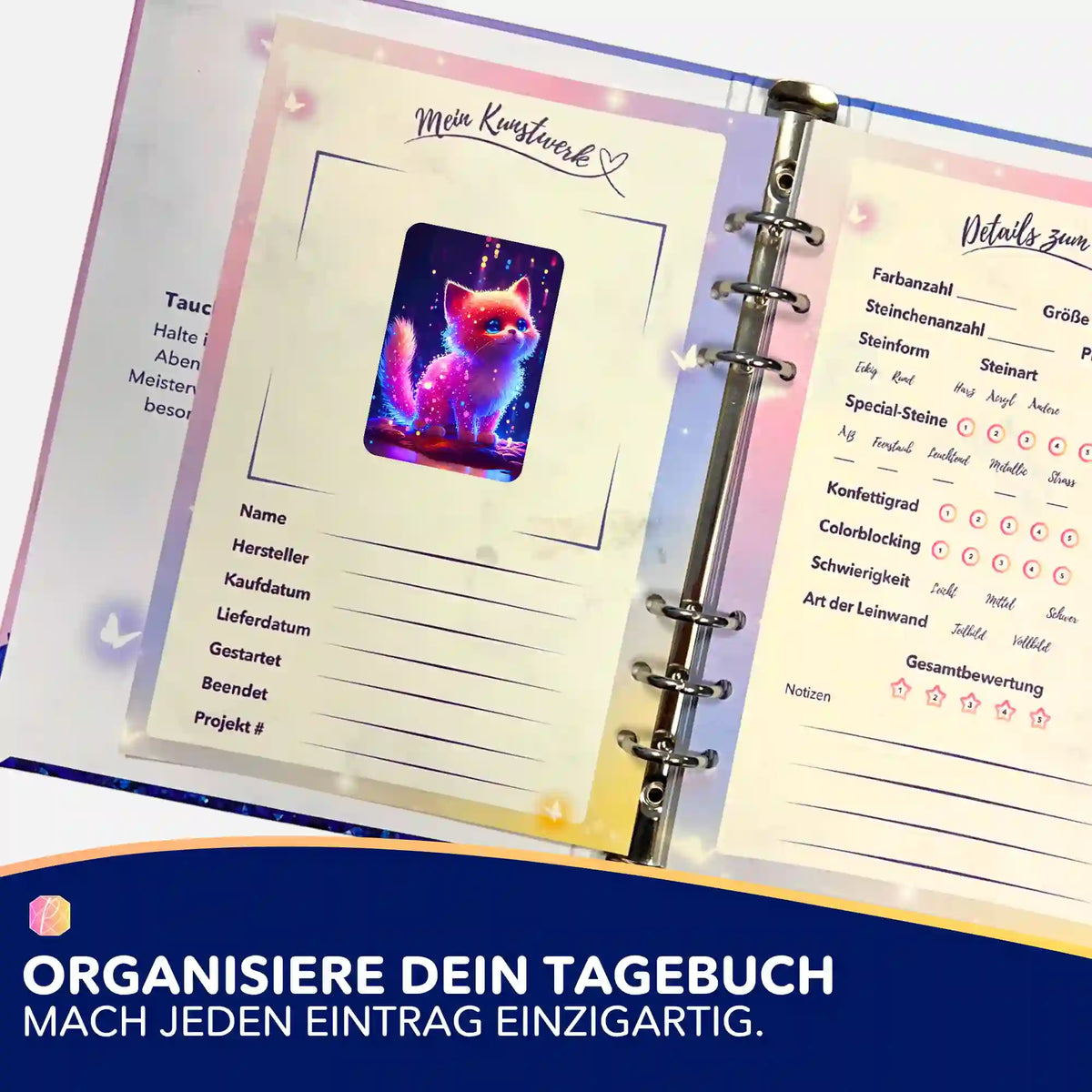 Zuckerkätzchen Aufkleber im Diamond Painting Tagebuch zur Organisation von DIY-Kunstwerken und Diamanten Painting Projekten