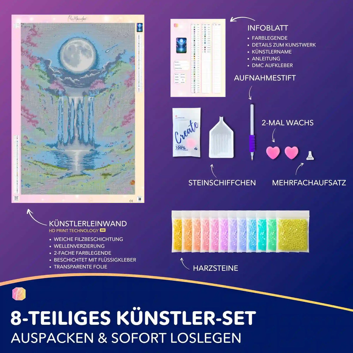 Diamond Painting Set Tal der flüsternden Wasser mit Leinwand, bunten Harzsteinen und Zubehör für magische Landschaften.