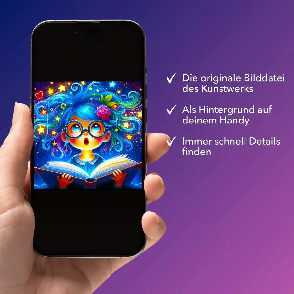 Digitale Bildmappe für Diamond Painting Motiv Lesemaus Josephine auf dem Smartphone für Details und Hintergrund