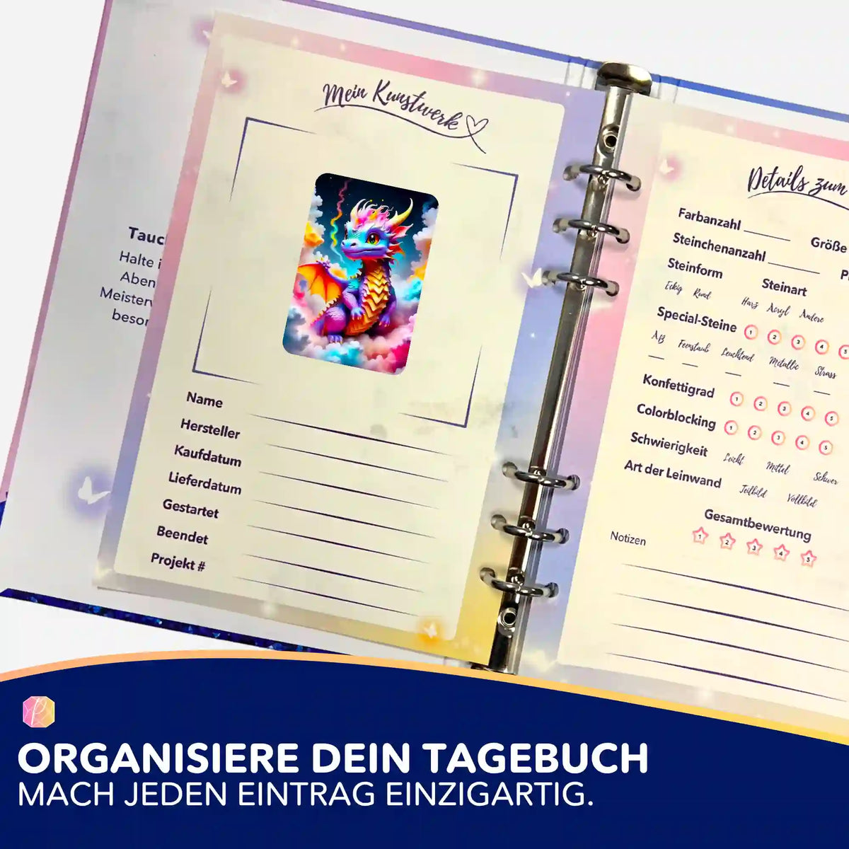 Baby Dragon Aufkleber in einem Diamond Painting Tagebuch zur Organisation von Malen nach Zahlen Projekten
