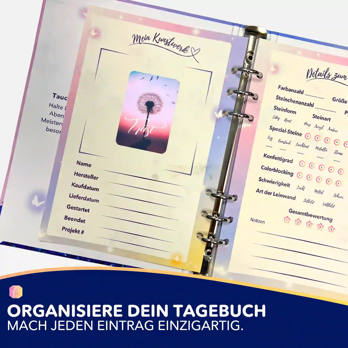 Picmondoo Diamond Painting Tagebuch mit Trust Motiv Sticker zur Organisation von Diamanten Painting Projekten