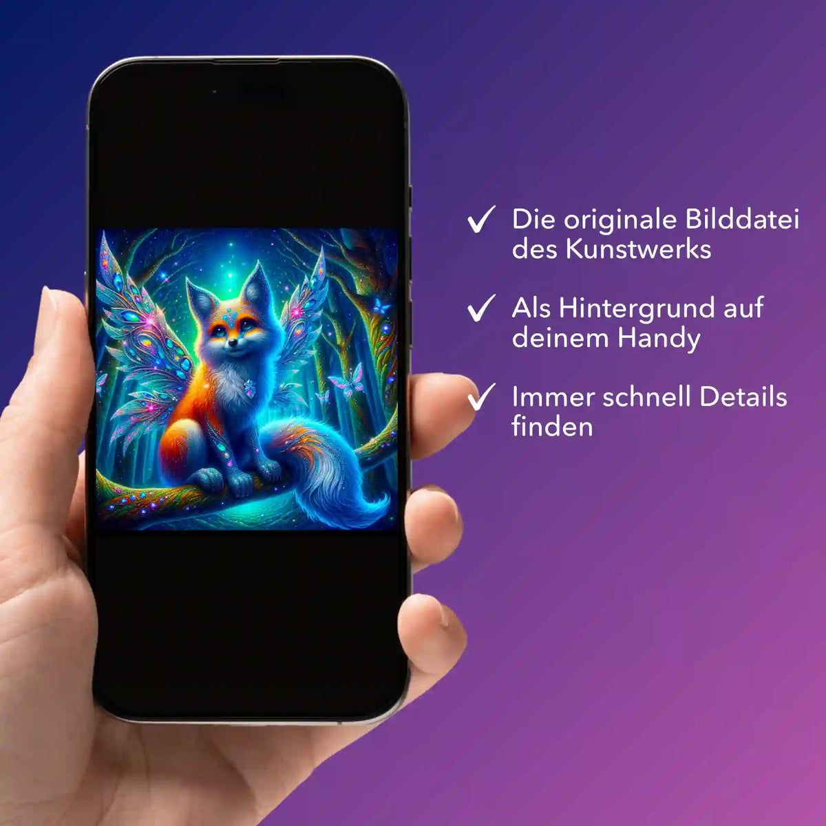 Digitale Bildmappe zum Diamond Painting oder Malen nach Zahlen mit magischem Fuchs-Motiv auf dem Smartphone