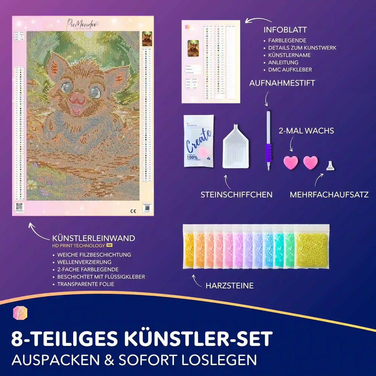 Diamond Painting Set Pfützenglück mit niedlichem Wildschwein-Motiv, hochwertigem Zubehör, Steinen und Leinwand.