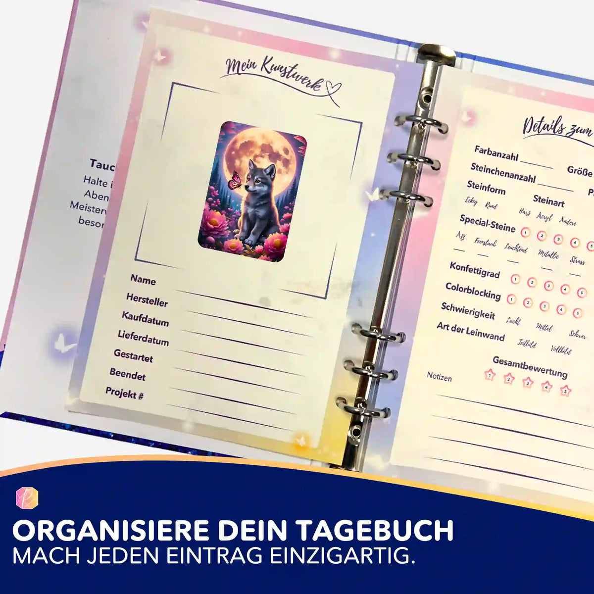 Picmondoo Diamond Painting Aufkleber Zwischen Traum und Erwachen mit Wolf-Motiv zur Organisation im Tagebuch
