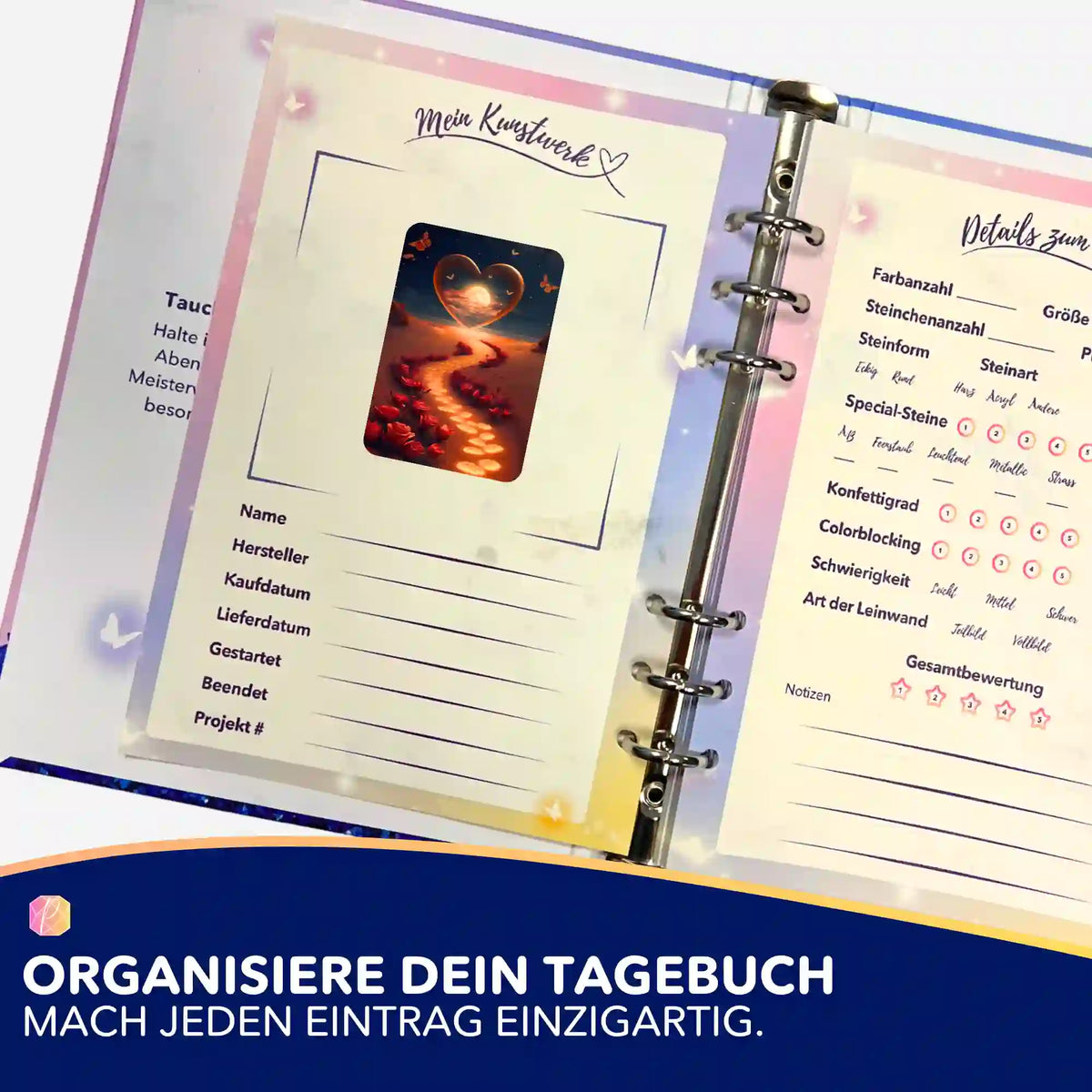 Picmondoo Diamond Painting Tagebuch mit Aufkleber-Set Weg der Liebe zur Organisation von DIY-Kunstwerken