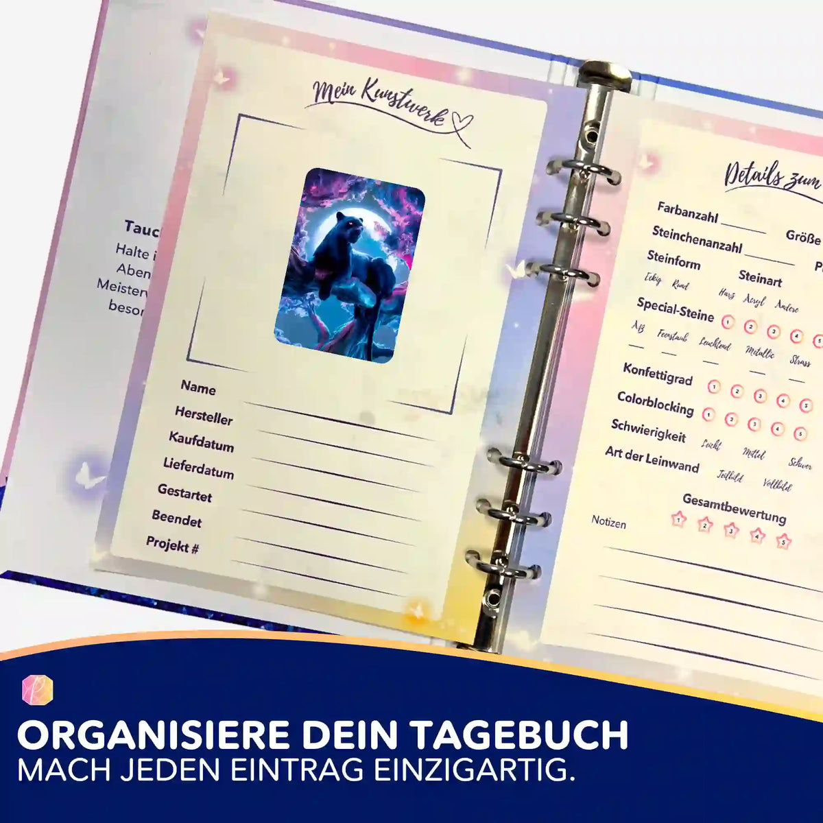 Black Panther Aufkleber im Diamond Painting Tagebuch zur Organisation von Projekten und Diamanten Painting Kunstwerken