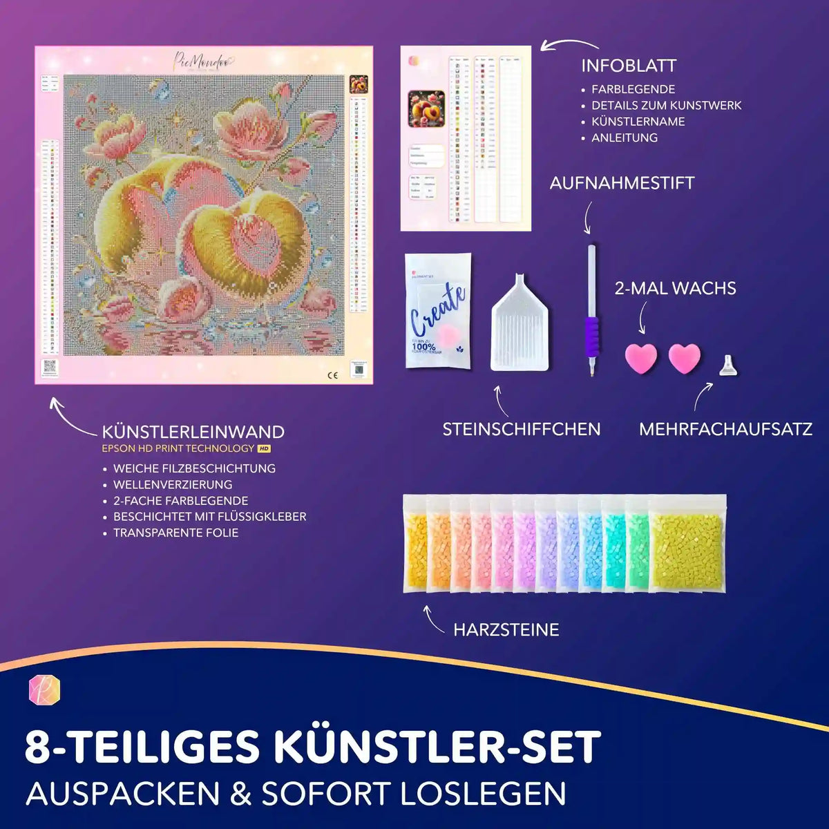 Picmondoo Diamond Painting Set Süße Fülle mit Pfirsichen, rosa Blüten, Harzsteinen und komplettem Zubehör zum Basteln